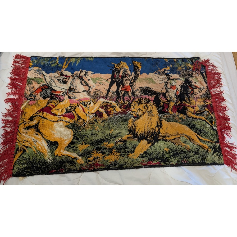 Arabian Nights Lion Hunt Scene Vintage Tapestry Camel Desert Wall Hanging Fringe